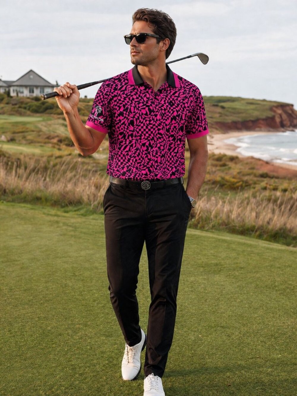 G/FORE Pink Black Optical Print Golf Polo | Distorted Check | Embroidered Sleeve